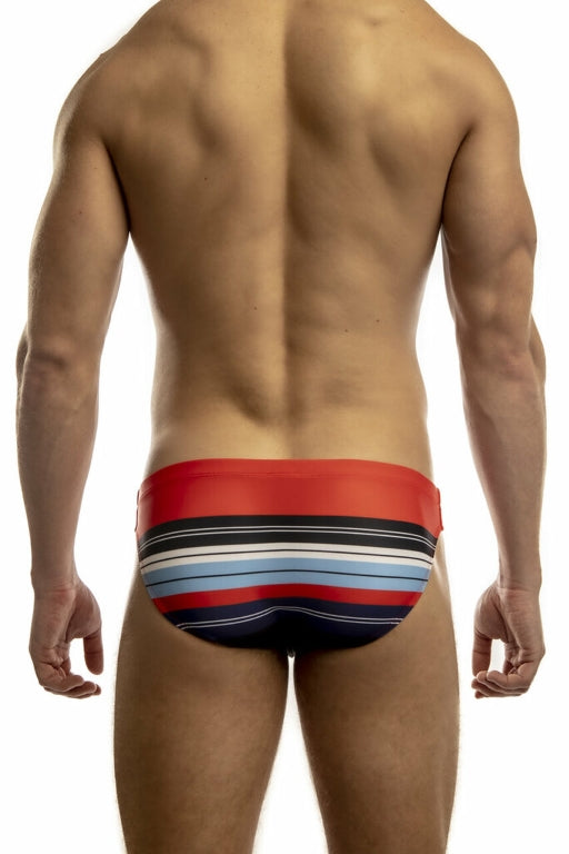 Red striped Jack Adams Second Skin Swimsuit by CITYBOYZ★USA, shown in medium size, smooth fit and vibrant design.