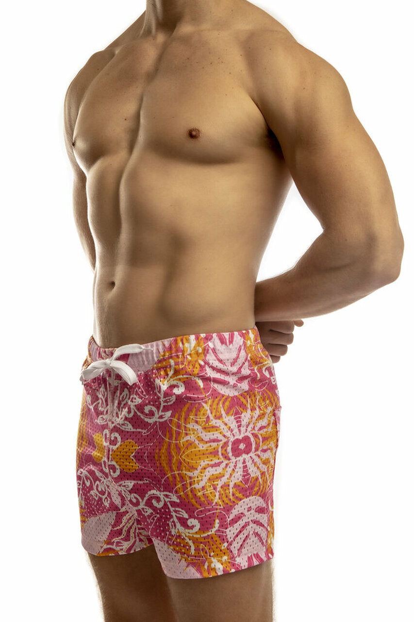 Front view of pink Jack Adams Freestyle Mesh Shorts with a tropical pattern, designed by CITYBOYZ★USA.