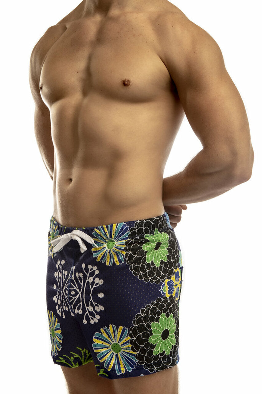 Jack Adams freestyle mesh shorts with Japanese flower print, featuring lightweight breathable fabric and stylish design.