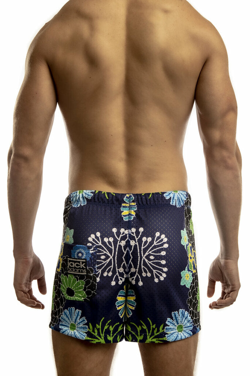 Back view of CITYBOYZ★USA Jack Adams Freestyle Short activewear with Japanese flower design in royal blue color.