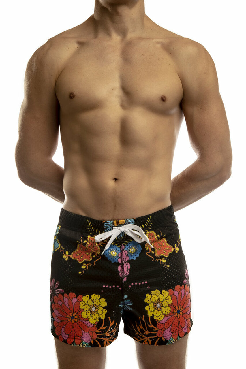Black Jack Adams freestyle activewear shorts with Japanese flower design by CITYBOYZ★USA, front view showing floral pattern and fit.