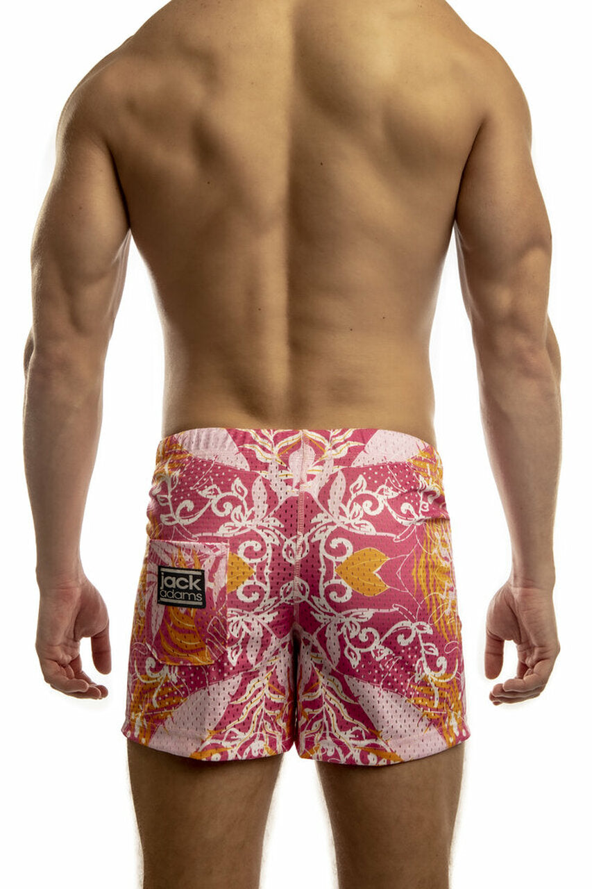 Pink Jack Adams Freestyle Mesh Shorts by CITYBOYZ★USA, shown from the back with a mesh design and colorful tropical pattern.