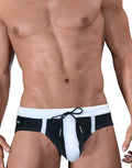 WildmanT Wildmant Moby Big Boy Pouch swimwear in black and white, front view, featuring comfortable pouch design for boys' swimwear.