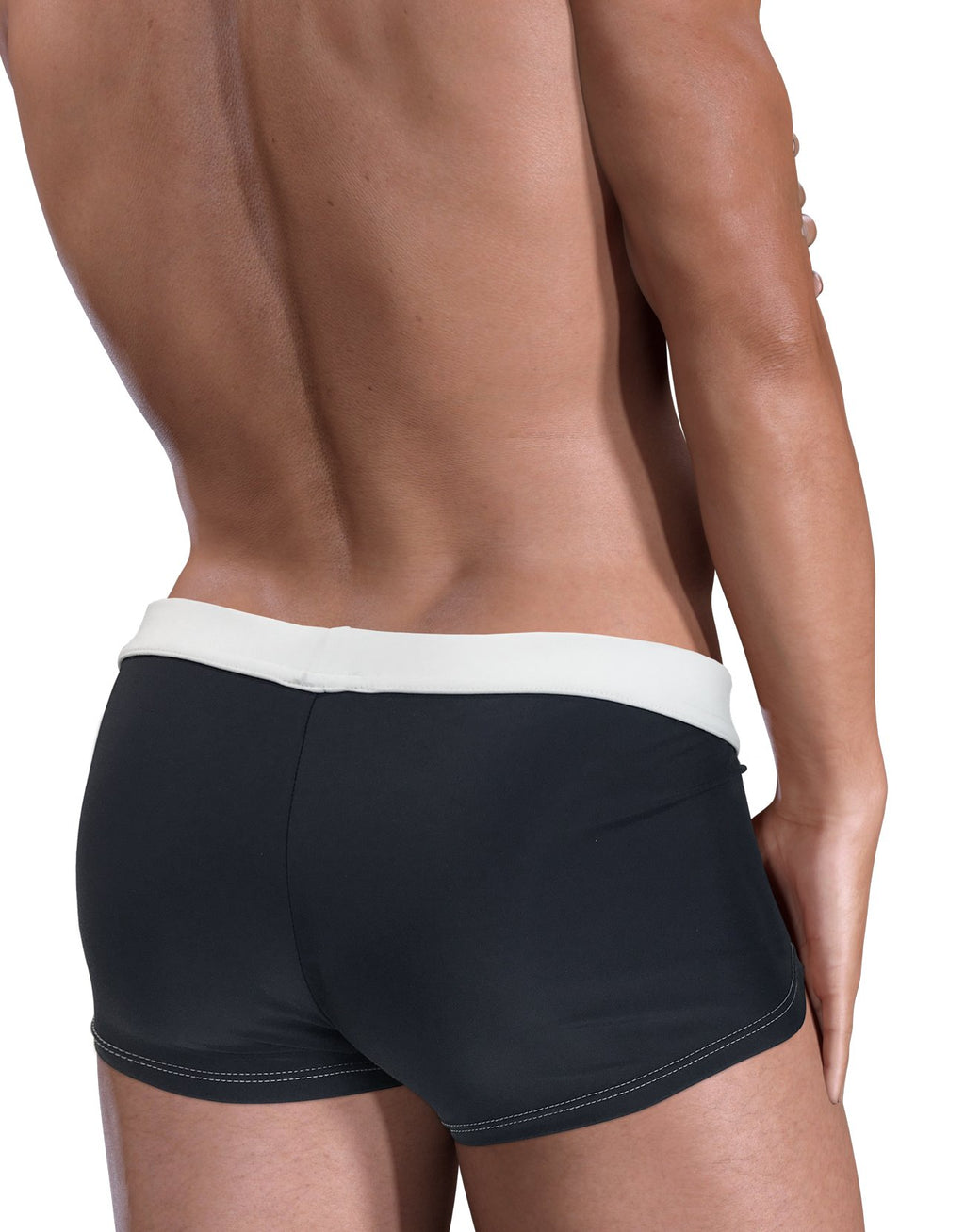 Back view of WildmanT Wildmant Moby Big Boy pouch swim square cut in black and white, showcasing its comfortable swimwear design.