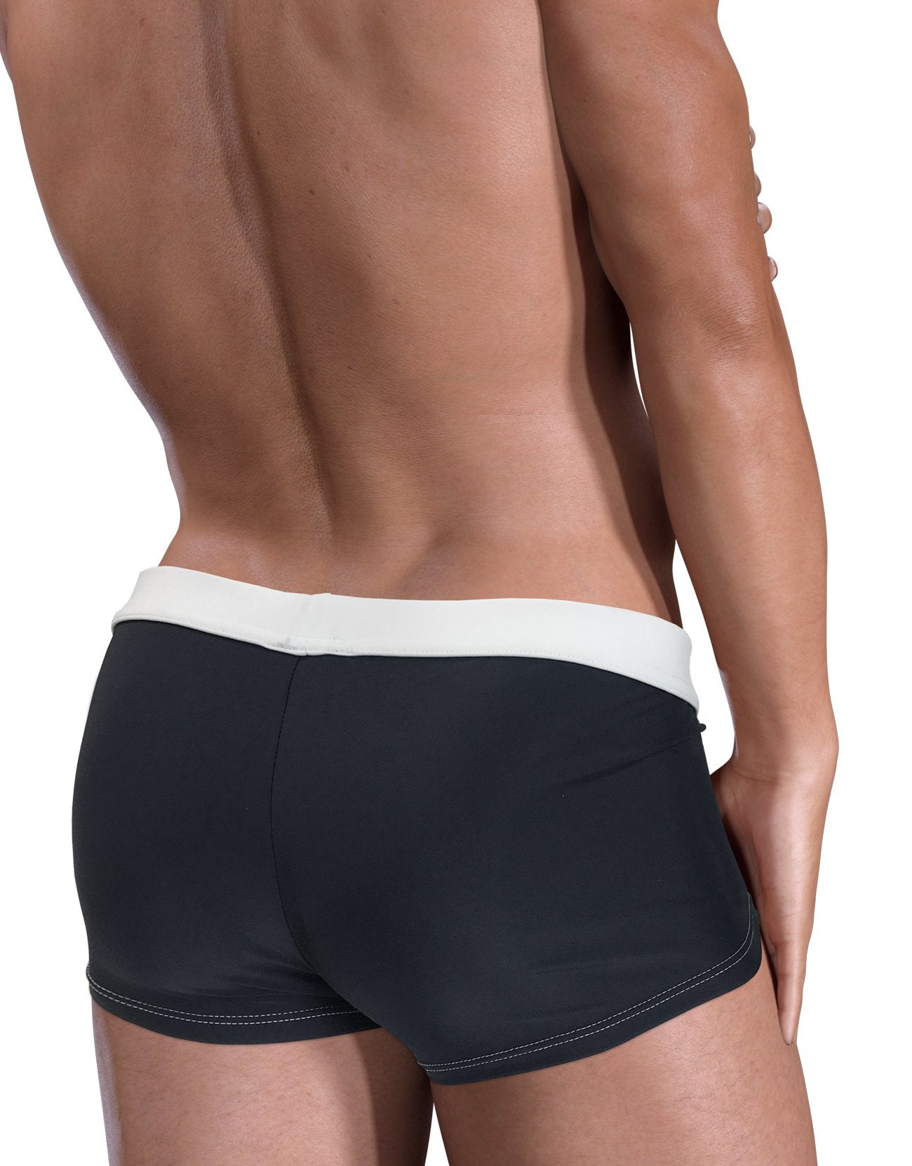 Back view of WildmanT Wildmant Moby Big Boy pouch swim square cut in black and white, showcasing its comfortable swimwear design.