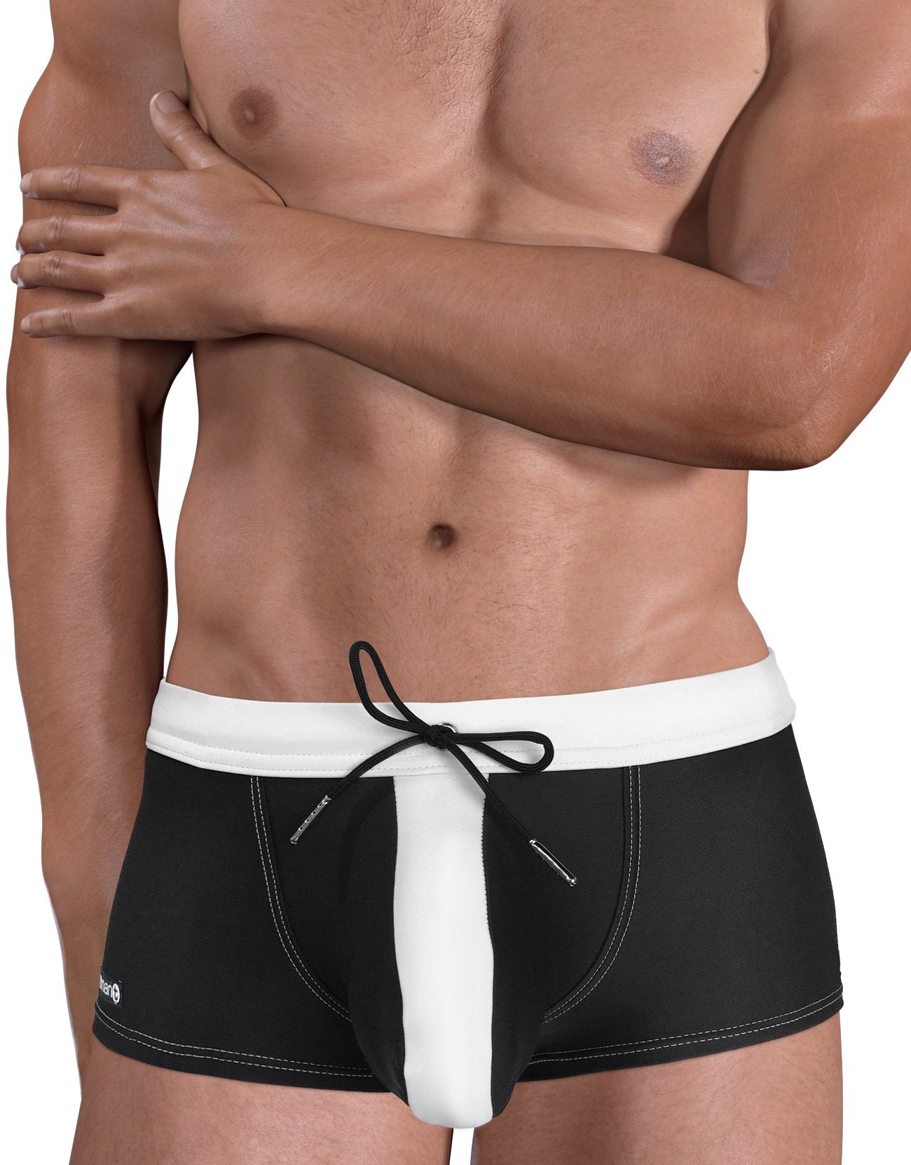 Black and white Wildmant Moby Big Boy pouch swimwear by WildmanT, front view showing square cut design and comfortable fit.