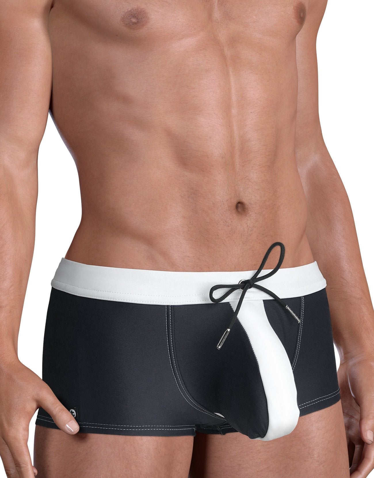Black and white Wildmant Moby Big Boy Pouch swim square cut swimwear by WildmanT, shown from the side.