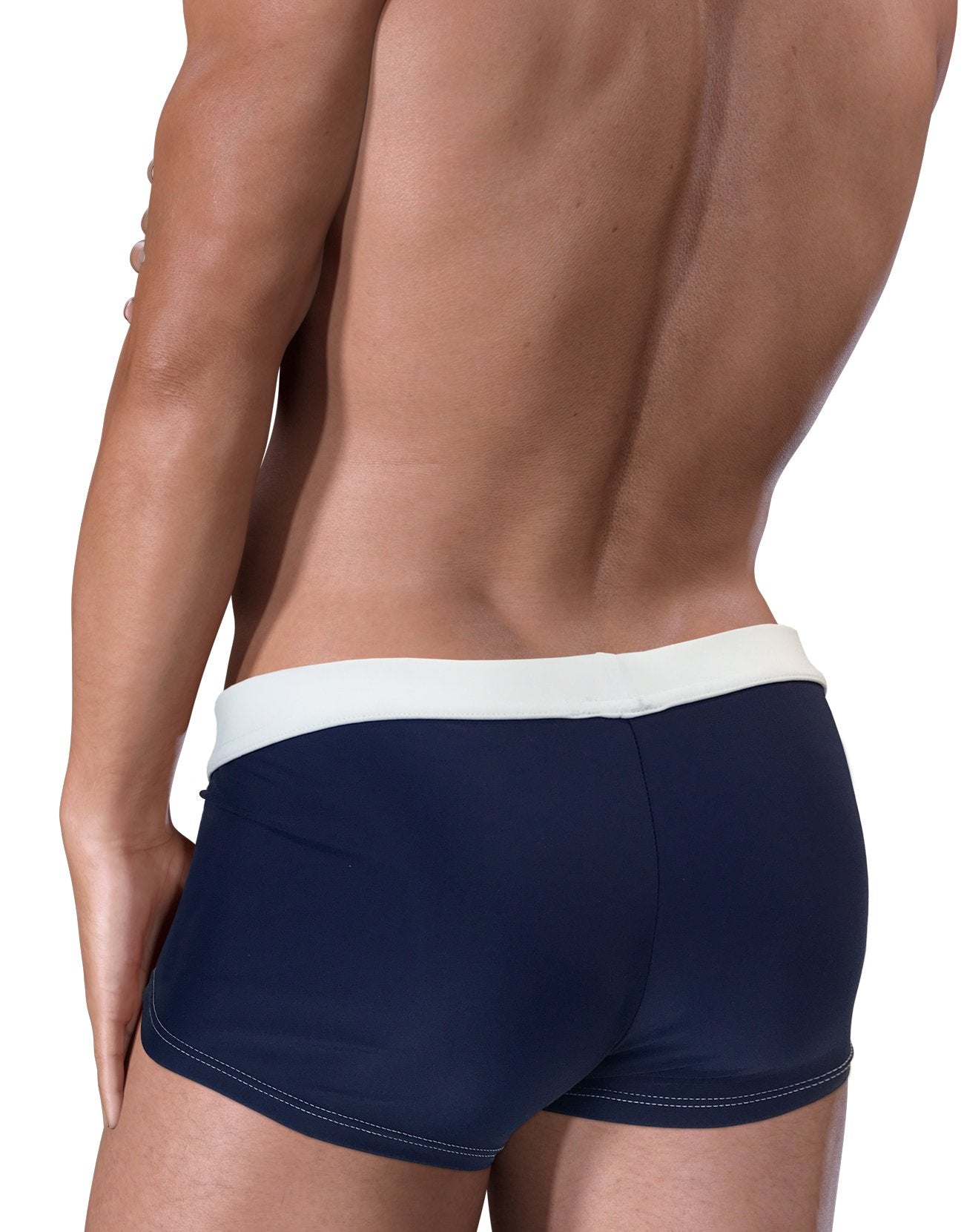 Back view of WildmanT Wildmant Moby Big Boy Pouch Swim Square Cut swimwear in blue and white fabric.