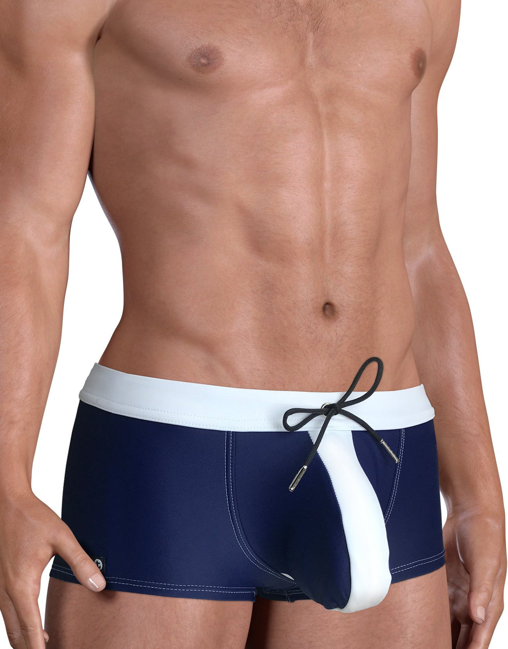 Wildmant Moby Big Boy Pouch Swim Square Cut in blue and white, featuring a side view of the men's swimwear with a comfortable pouch design.