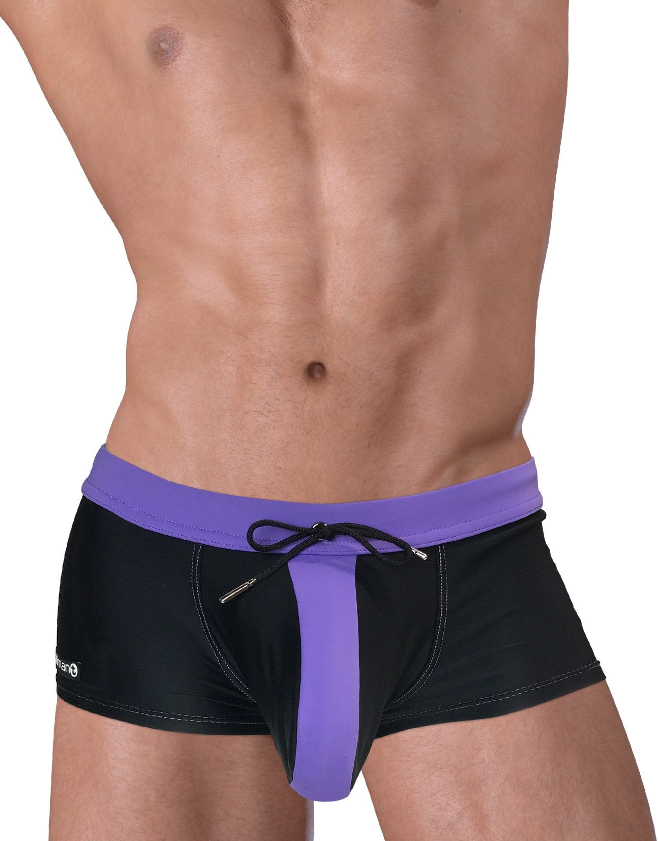 Black Wildmant Moby Big Boy Pouch swim square cut swimwear by WildmanT, featuring a front view of the swimwear on a model.