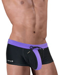 Wildmant Moby Big Boy Pouch Swim square cut swimwear in black and purple, shown from the side.