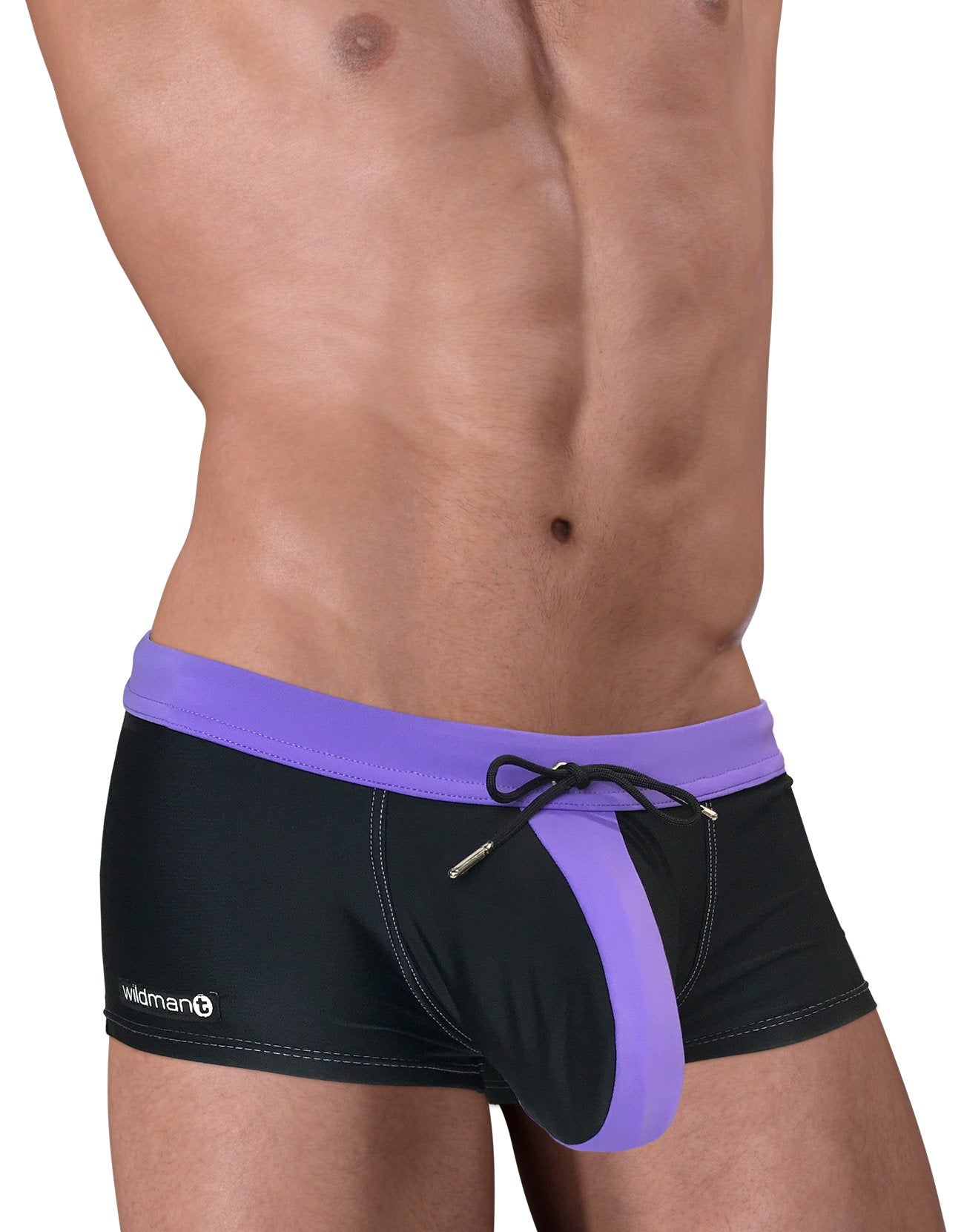 Wildmant Moby Big Boy Pouch Swim square cut swimwear in black and purple, shown from the side.
