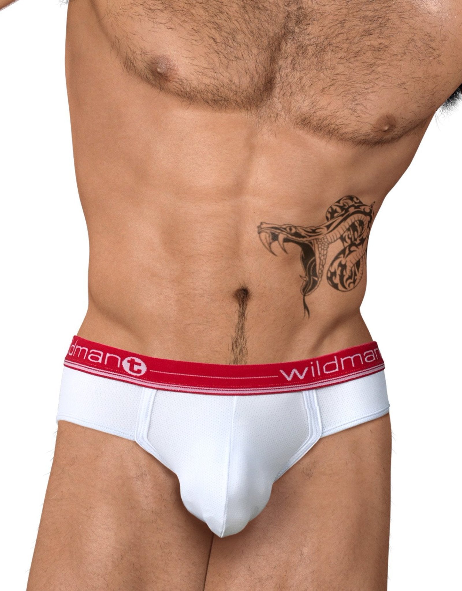 Red Wildmant Summer Big Boy pouch brief from WildmanT underwear, front view showing comfortable fit and elastic waistband.