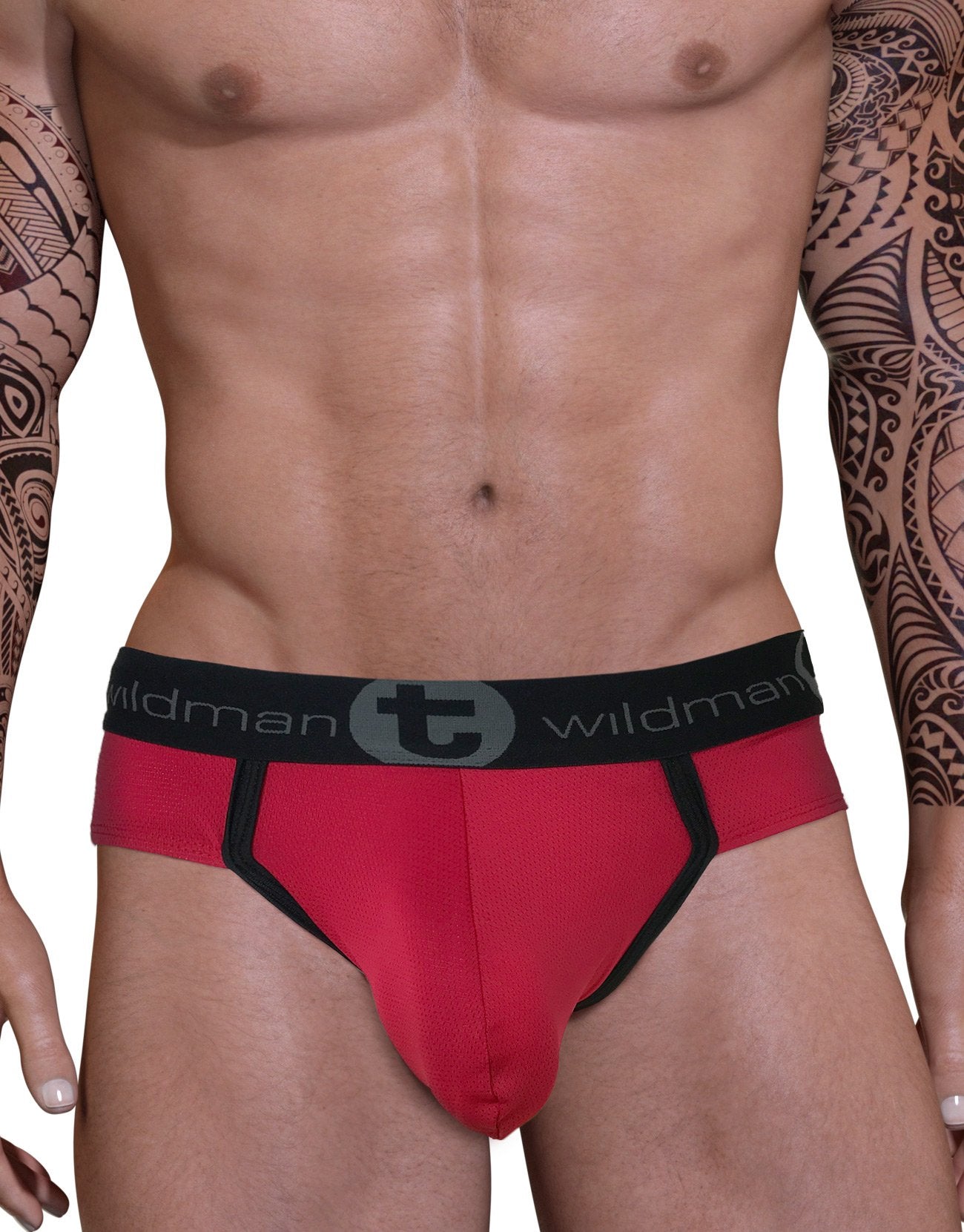 Red WildmanT Big Boy Pouch Brief underwear with black accents, front view showing supportive pouch and comfortable fit.
