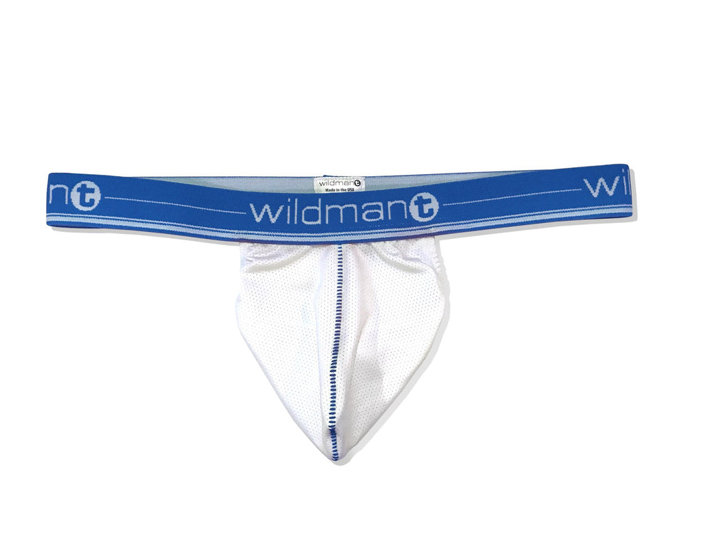 Wildmant Big Boy strapless pouch underwear in white mesh with blue band, front view showing snug fit and breathable fabric.