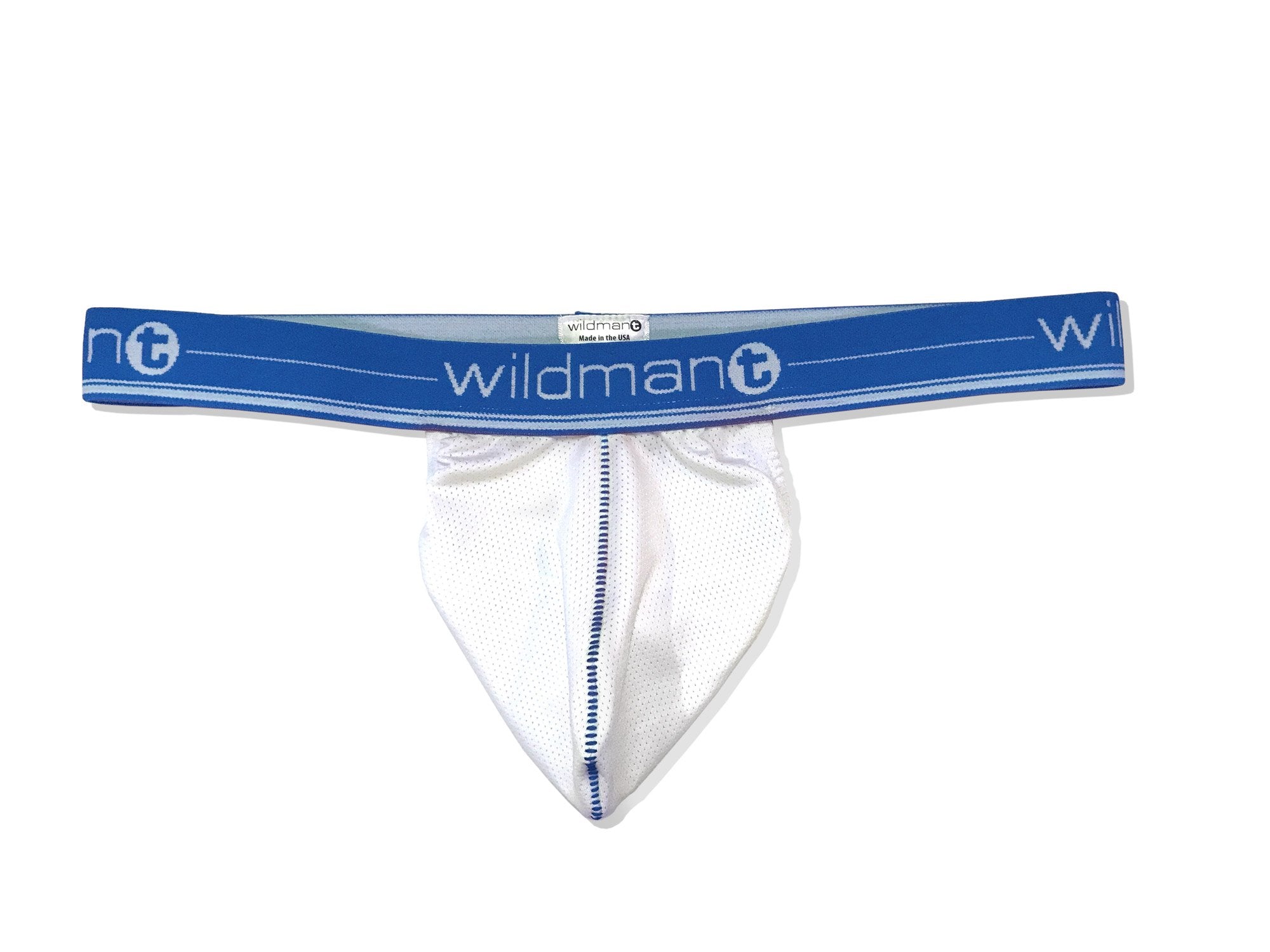 Wildmant Big Boy strapless pouch underwear in white mesh with blue band, front view showing snug fit and breathable fabric.