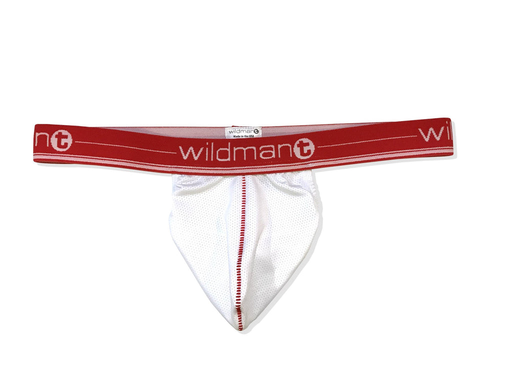 Wildman T Wildmant Big Boy strapless pouch underwear in white mesh with red band, front view showing snug fit and breathable fabric.