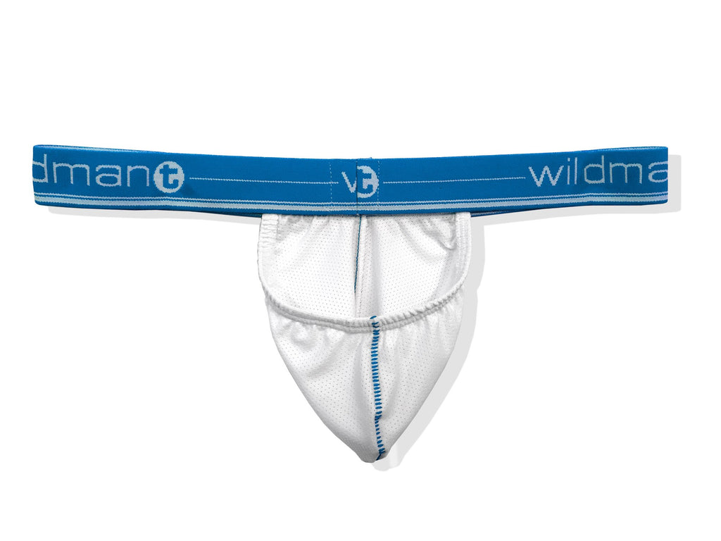 Wildman T Wildmant Big Boy strapless pouch underwear in white mesh with blue band, shown from the back view.