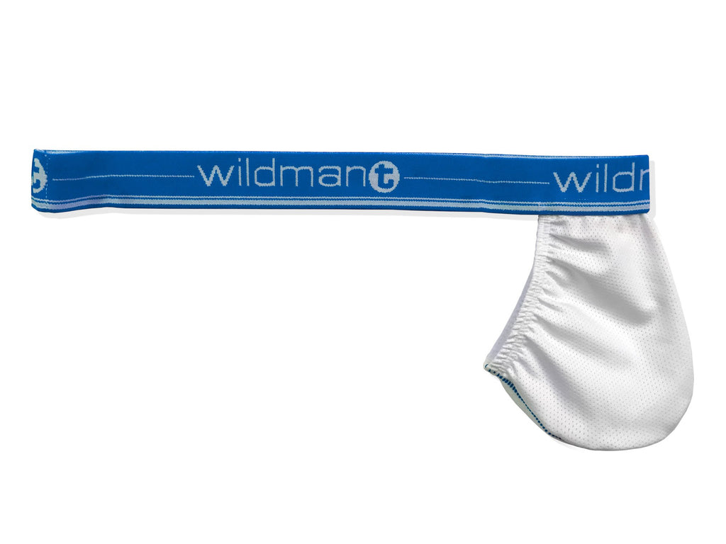 Wildmant Big Boy strapless pouch underwear in white mesh with blue band, featuring a snug fit and supportive design.
