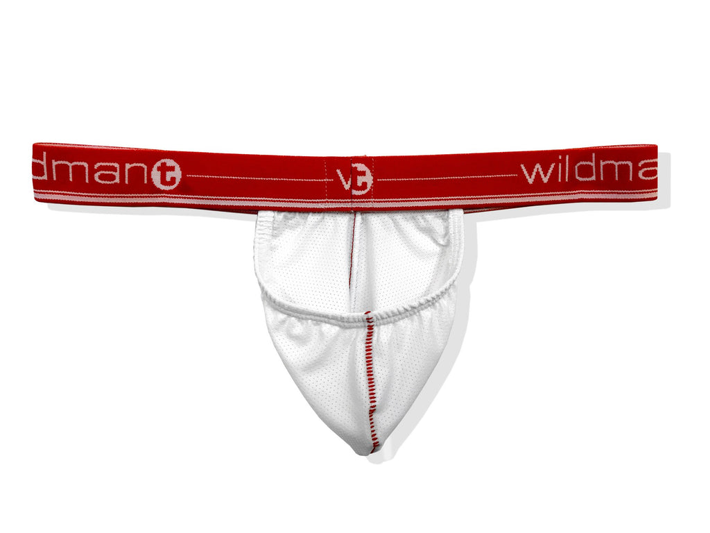 Wildmant Big Boy strapless pouch underwear in white mesh with red band, shown from the back, by Wildman T.
