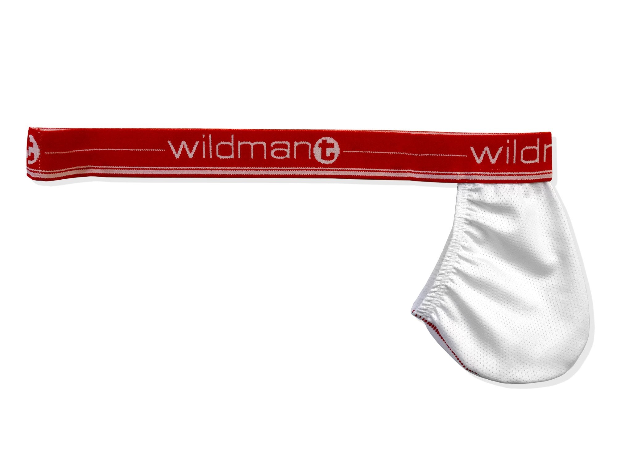 Wildmant Big Boy strapless pouch underwear in white mesh with red band, side view showing snug fit and breathable fabric.