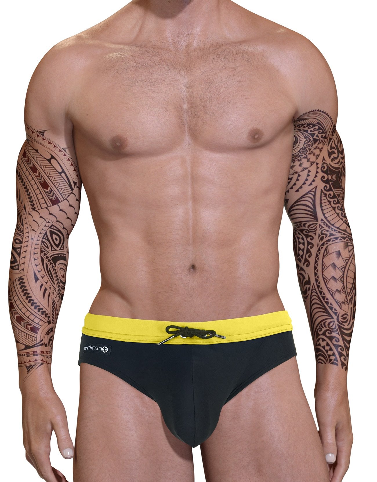 Wildmant Big Boy Pouch Swim Bikini in yellow, men's swimwear with supportive pouch, front view, casual beachwear style