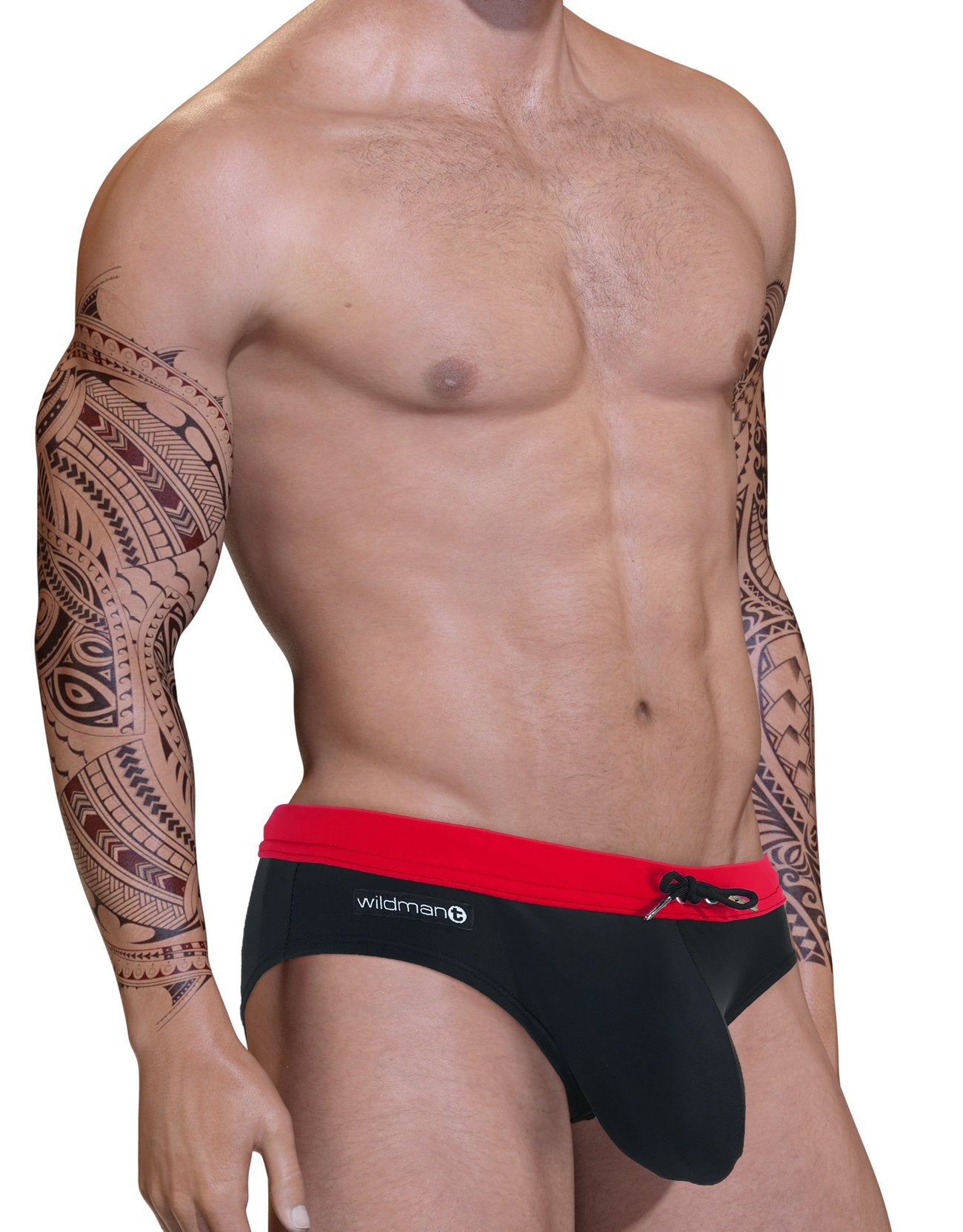Wildmant Big Boy Pouch Swim Bikini in red, men's swimwear with supportive pouch design, by WildmanT, shown from the side.