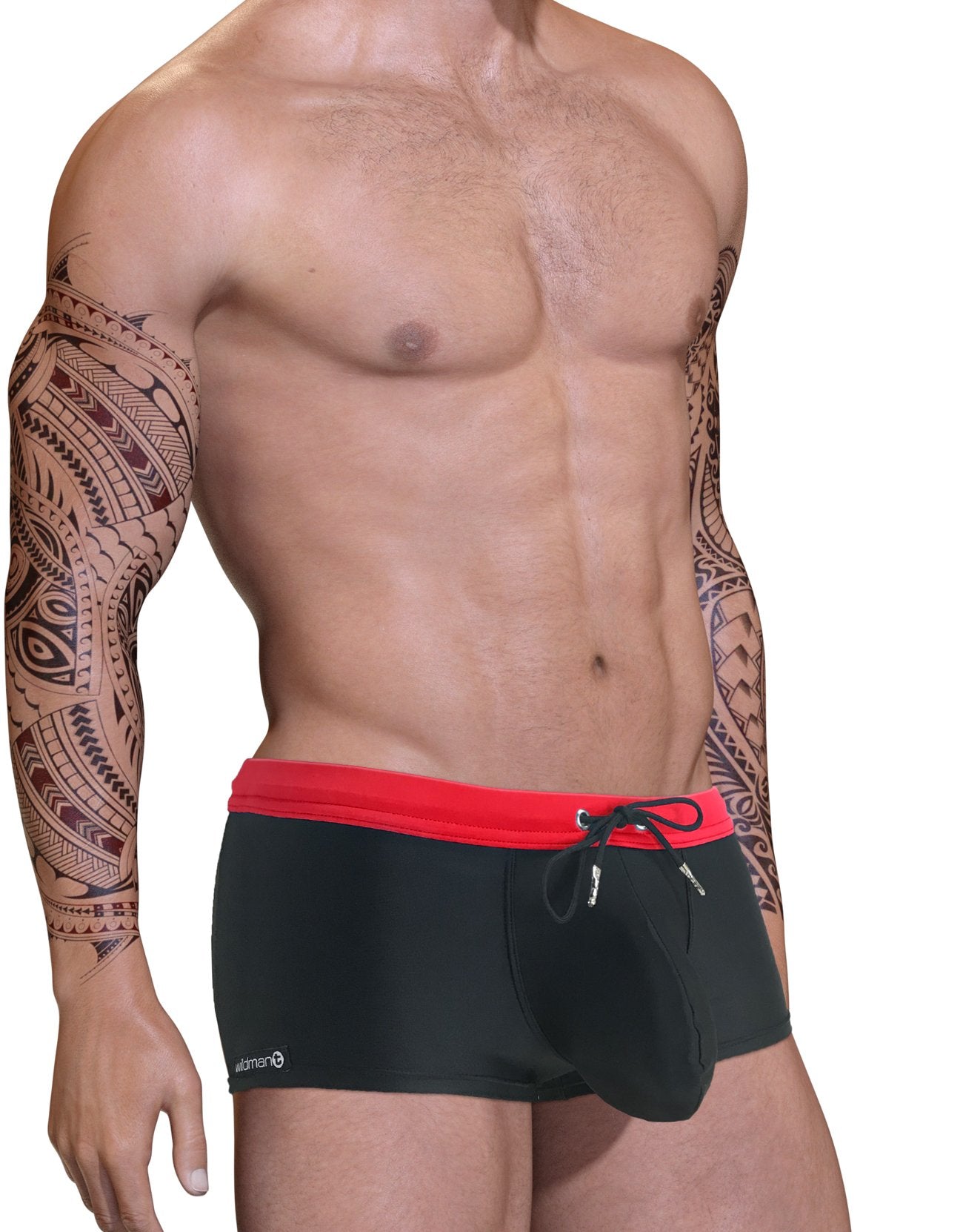 Red Wildmant Big Boy Pouch Swim Square Cut swimwear by WildmanT, showing the side view and vibrant red fabric.