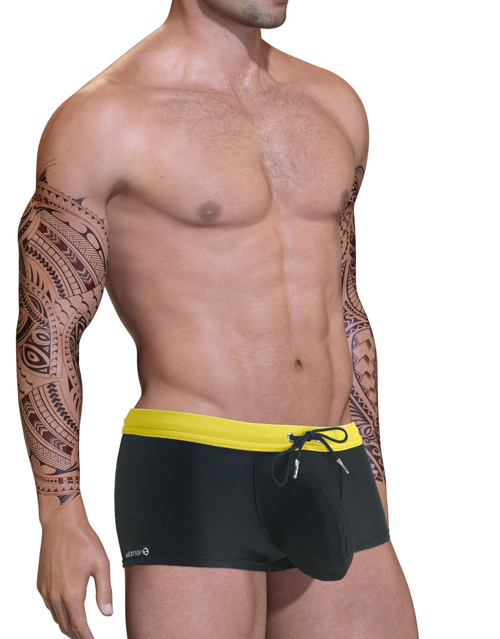 Wildmant Big Boy Pouch Swim Square Cut in yellow, men's swimwear with comfortable pouch design, shown from side view.