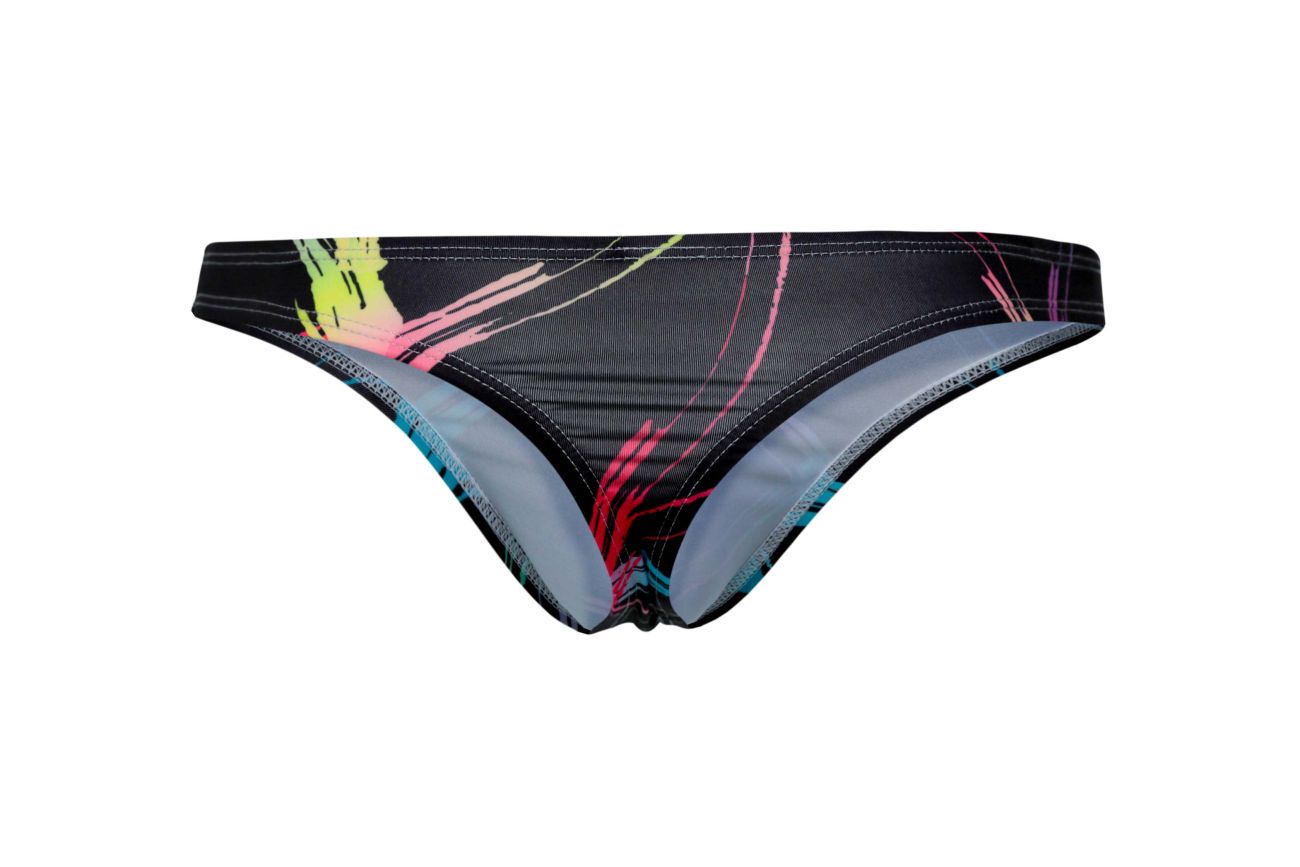 Black Pikante Nucleus Thong by CITYBOYZ★USA displayed on a model, showcasing its sleek design and minimal coverage.