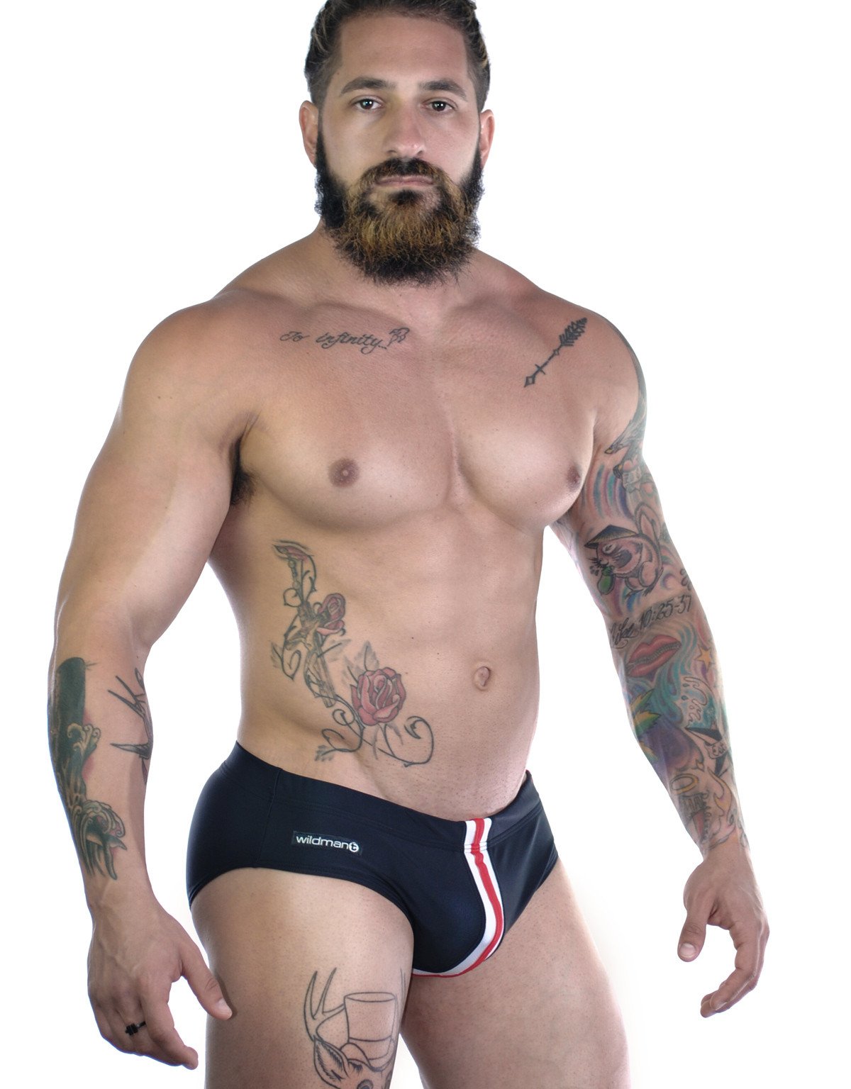 Wildmant Sportivo black bikini with red stripe, side view showing stylish swimwear design by WildmanT.
