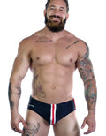 Black Wildmant Sportivo bikini with red stripe detail, showcasing the front view of this stylish swimwear by WildmanT.