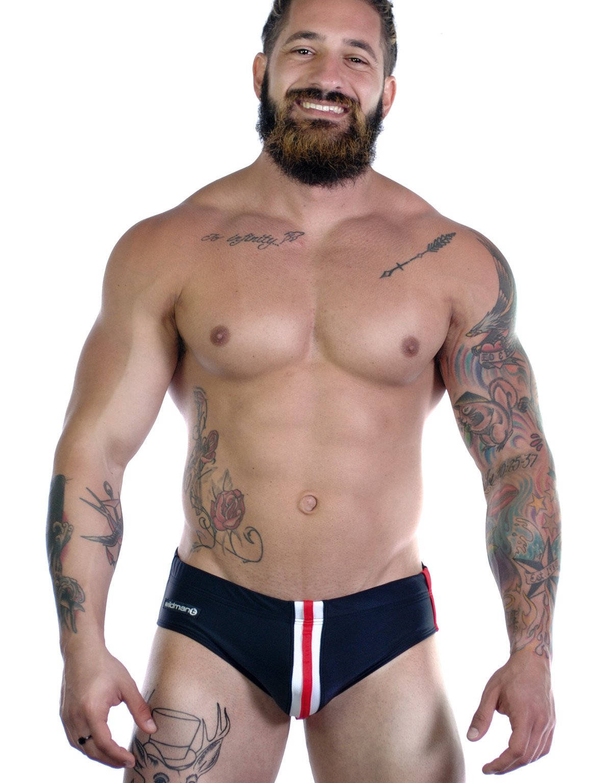 Black Wildmant Sportivo bikini with red stripe detail, showcasing the front view of this stylish swimwear by WildmanT.