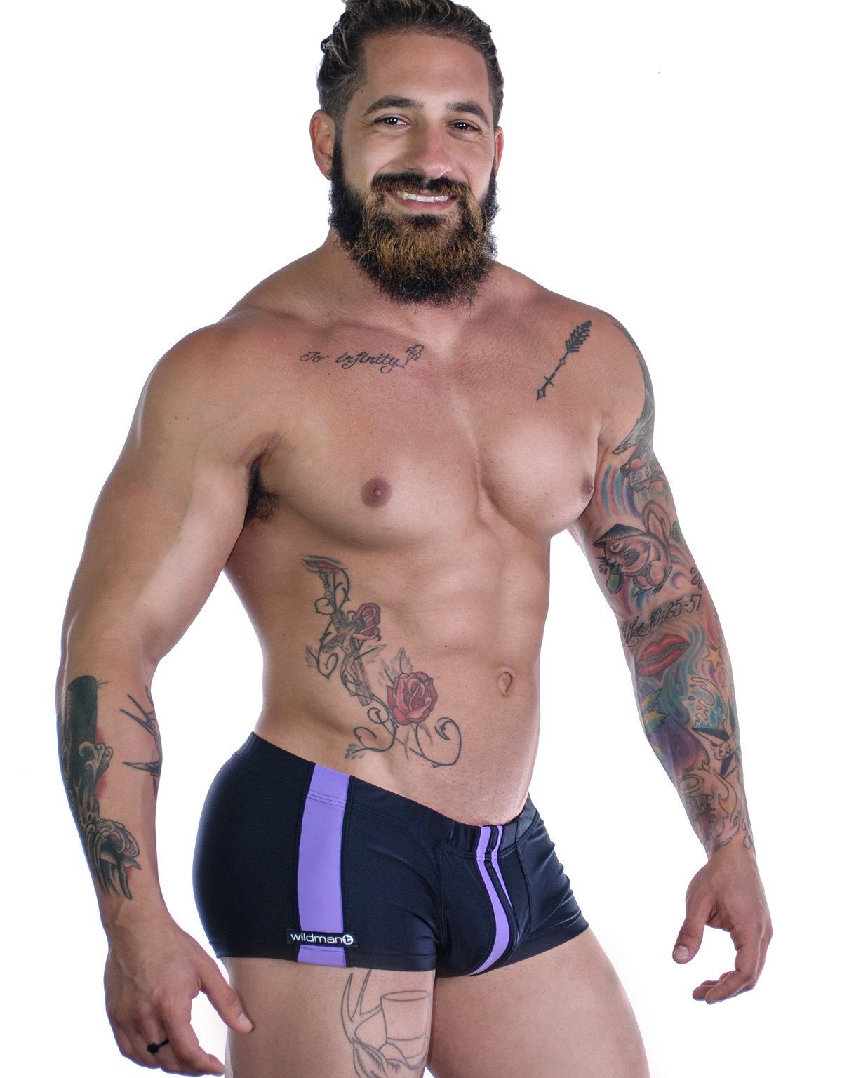 Wildmant Sportivo square cut swimwear in black and purple with side design, made by WildmanT.