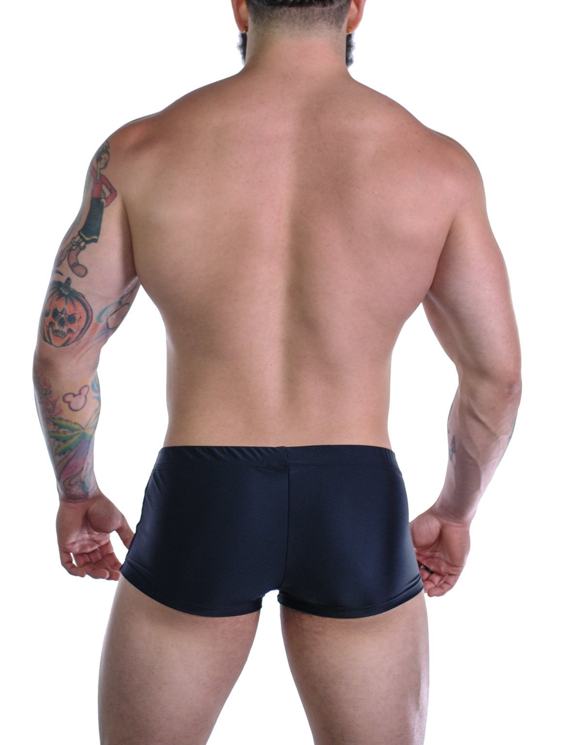WildmanT Sportivo square cut swimwear in black and purple, showing the back view with a sleek, fitted design.