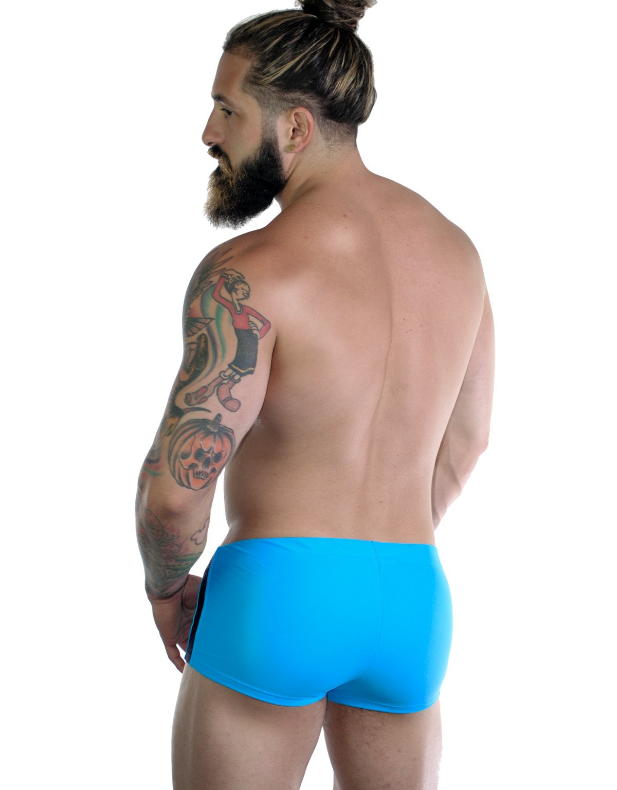 Wildmant Sportivo square cut teal swimwear by WildmanT, shown from the back with a sleek fit and vibrant color.