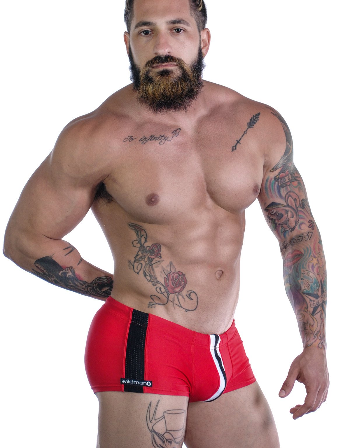 WildmanT Wildmant Sportivo square cut red swimwear, side view showing vibrant red fabric and sporty fit.