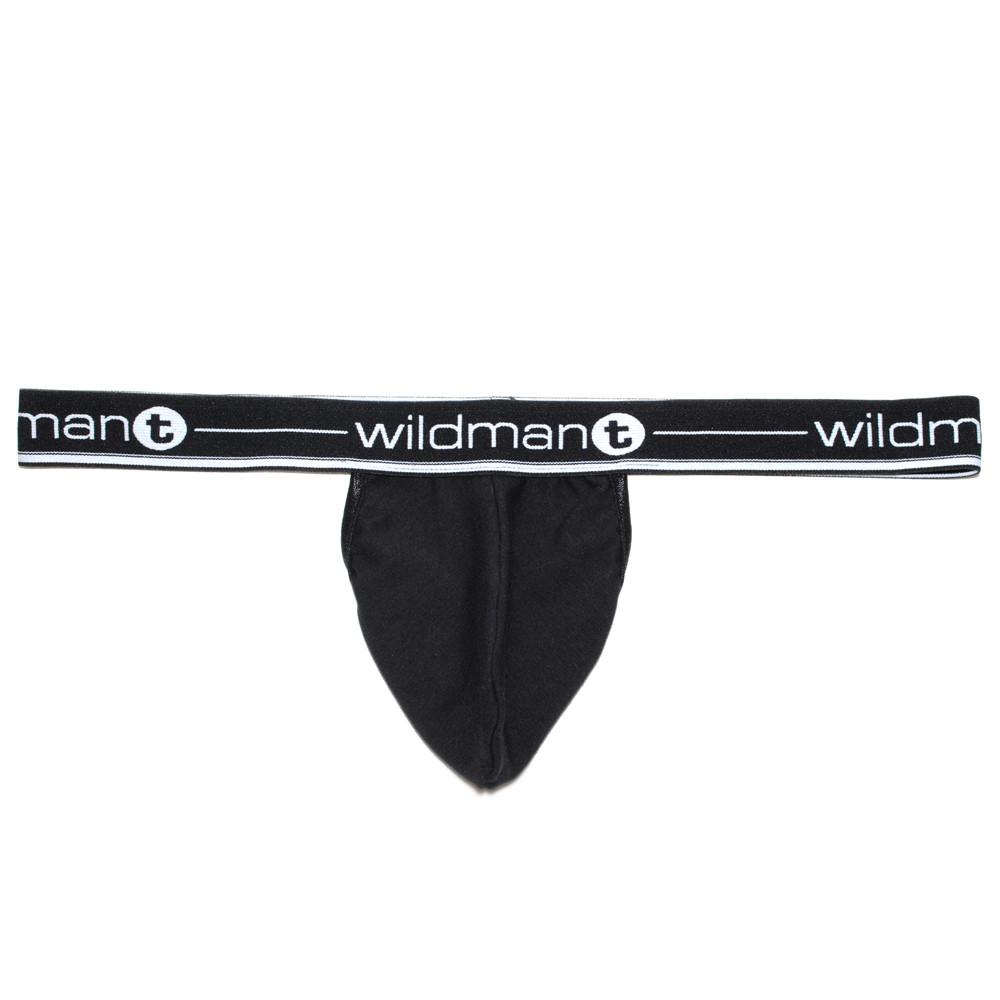 Black WildmanT Big Boy Pouch Strapless Jockstrap displayed from the front view showing the supportive pouch and strapless design.